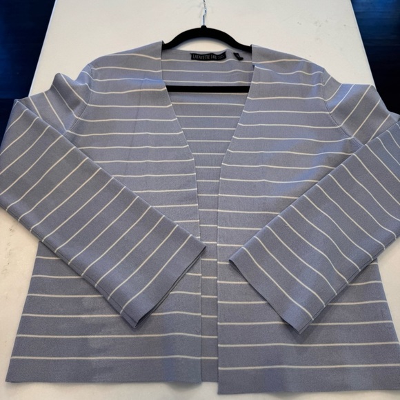 Lafayette 148 Silk Blend Slate Blue Striped Open Front Knit Cardigan Sz M - Picture 9 of 9